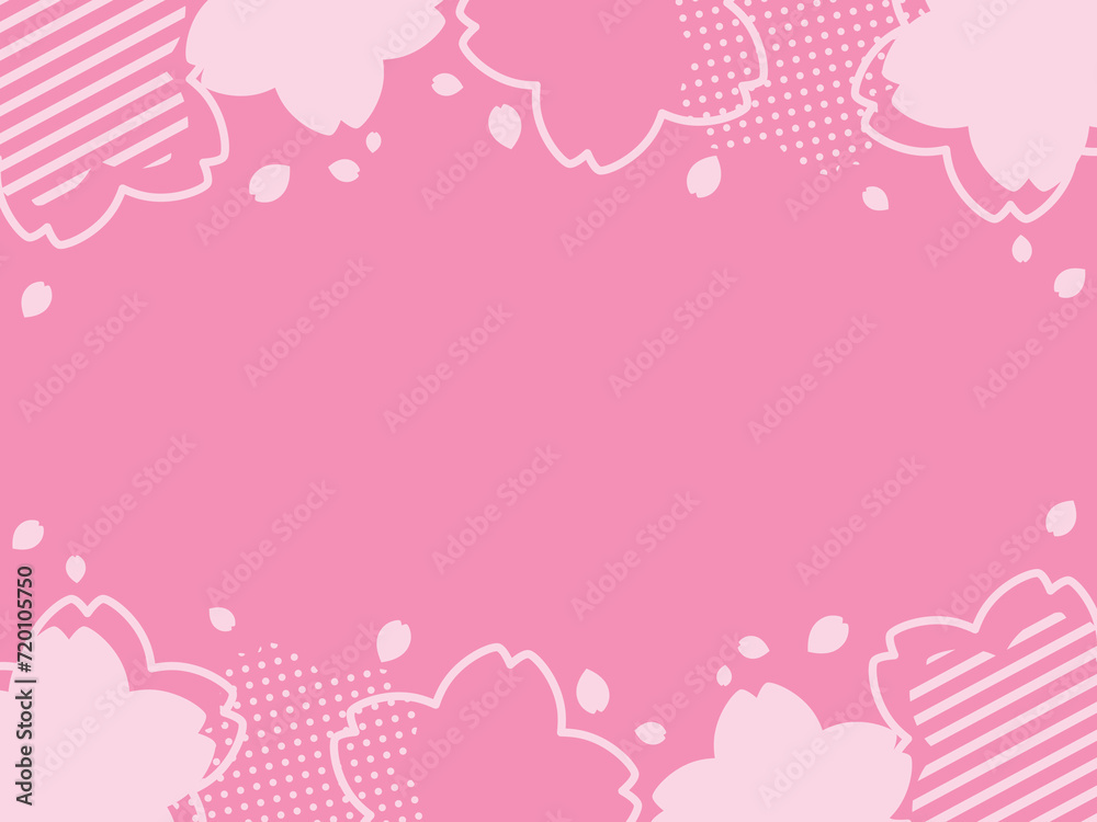 シルエットや線、ドット模様、ストライプの桜オブジェクトのシンプルな背景イラスト（ピンク）