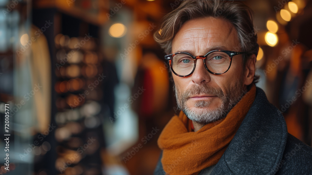 Caucasian middle aged man wearing pair of trendy glasses, stylish spectacles and new prescription lenses at an optometrist.generative ai Caucasian middle aged man wearing pair of trendy glasses, stylish spectacles and new prescription lenses at an optometrist.generative ai