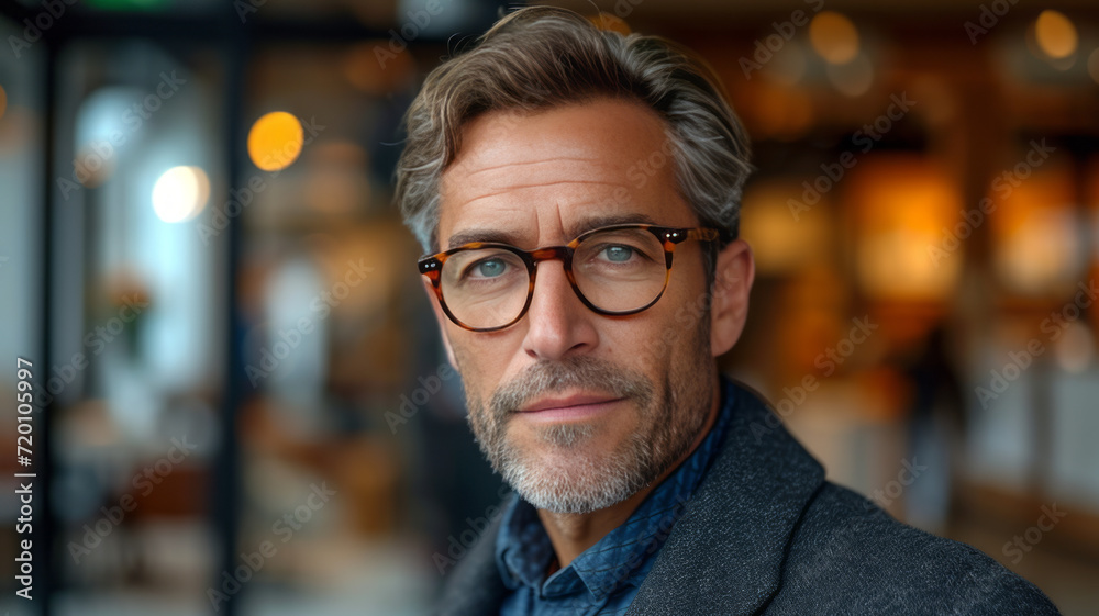 Caucasian middle aged man wearing pair of trendy glasses, stylish spectacles and new prescription lenses at an optometrist.generative ai Caucasian middle aged man wearing pair of trendy glasses, stylish spectacles and new prescription lenses at an optometrist.generative ai
