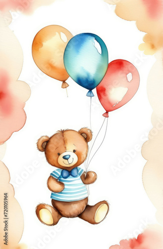 birthday colorful watercolor greeting card - cute teddy bear toy with bow tie holding balloons.