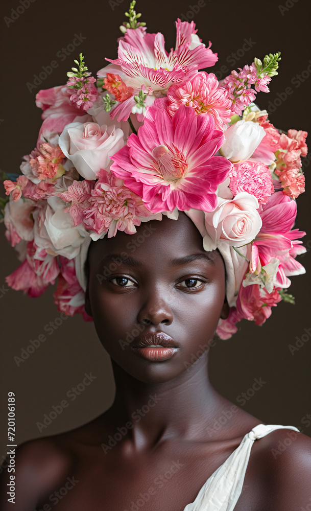 Woman with flowers on her head. A girl embraces her inner flower goddess as she dons a stunning headpiece made of cut and artificial roses, exuding beauty and fashion in this indoor portrait