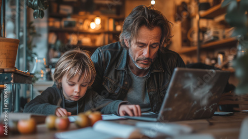 Father and son doing homework with laptop at home. generative ai © JKLoma