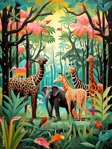 Vibrant African Safari Animals Woodland Art Print  Captivating African Forest Animals in Stunning Display