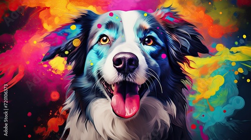 Portrait of funny smiling, colorful dog with color painting around, animal concept