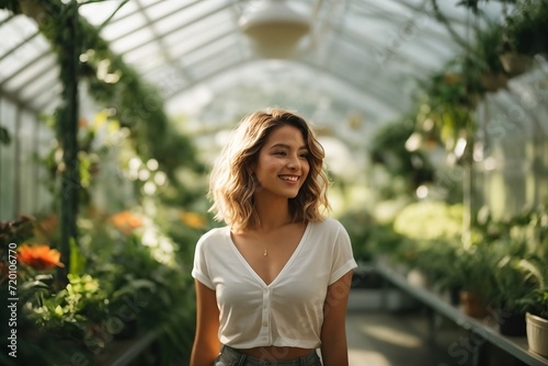 Amazing woman in greenhouse.