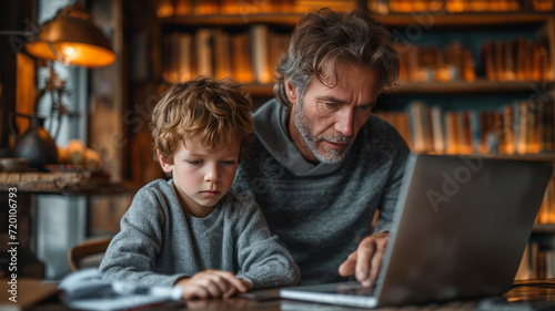 Father and son doing homework with laptop at home. generative ai © JKLoma
