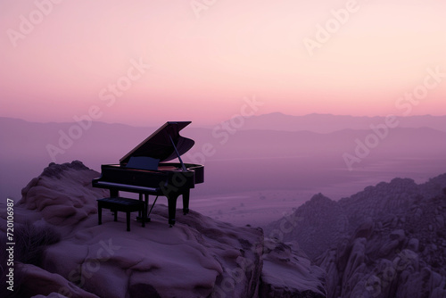 Calming and rhythms vibes a grand piano on top of the cliff and sunset in the mountains in pale purple pink foggy sky background..
