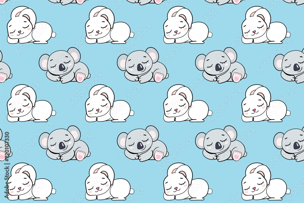 Fototapeta premium sleeping rabbit koala on blue background for boys seamless endless pattern vector illustration