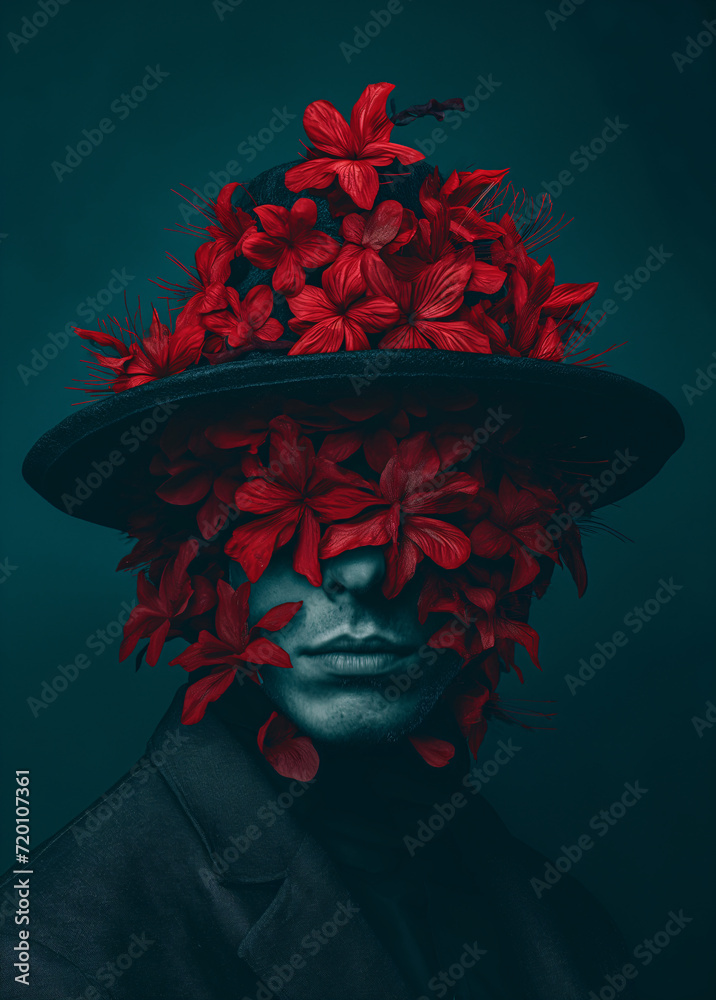 Portrait of a man donning a dark hat adorned with vibrant flowers, adding an artistic and intriguing touch to his clothing and human face