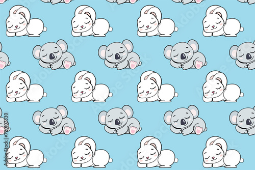 sleeping rabbit koala on blue background for boys seamless endless pattern vector illustration