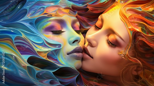 Leinwand Poster Loving lesbian couple kissing embraces passionately enveloped in vibrant multico