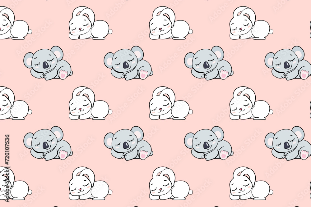 Fototapeta premium sleeping rabbit koala on pink background for girls seamless endless pattern vector illustration