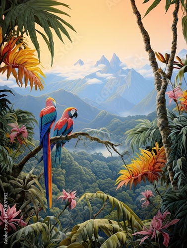 Vibrant Tropical Birds Mountain Landscape Art: High-Altitude Species Murmuring at Sunrise