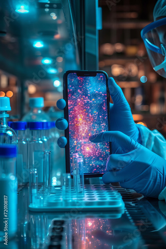 Phone screen, science hands test results for drugs, virus and bacteria on medical mobile app in laboratory generative ai
