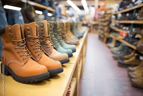 high angle shot of steel-toed boots arranged in rows at a store