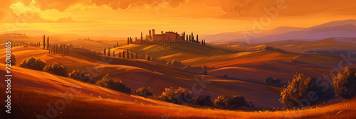 Golden Hour Glow on Tuscan Hills: An Enchanting Sunrise Over Italy's Picturesque Countryside