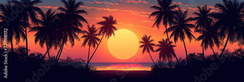 Tropical Sunset Paradise: Silhouetted Palm Trees Against a Radiant Sky on a Secluded Beach