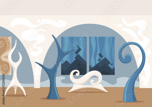 Art gallery vector flat illustration. Exhibition in modern art style. Contemporary art gallery