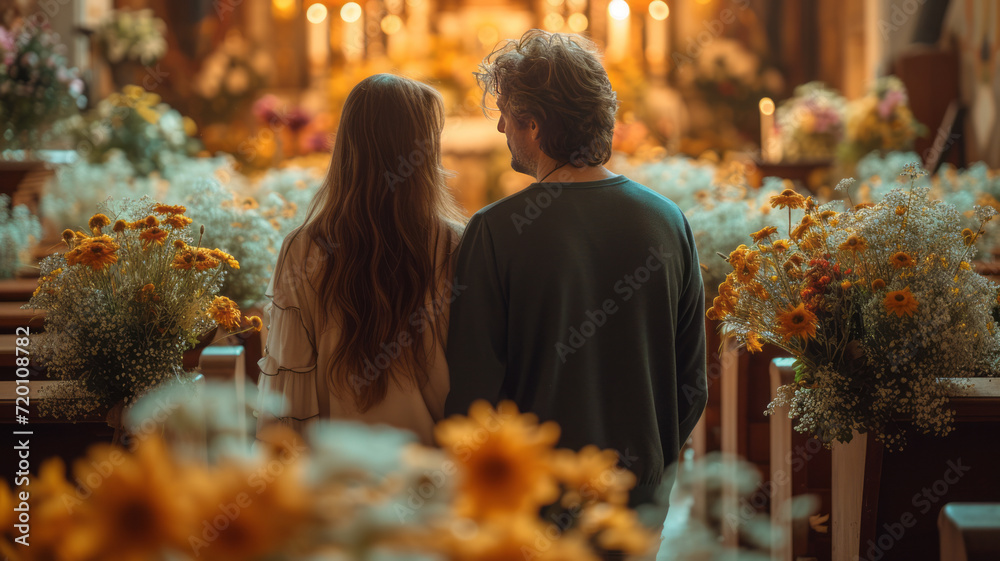 Sad, funeral and flowers with couple and coffin in church for death ...