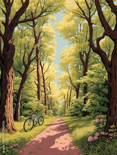 Vintage Bicycle Posters: Tree Line Artwork Featuring a Bike Amidst Trees