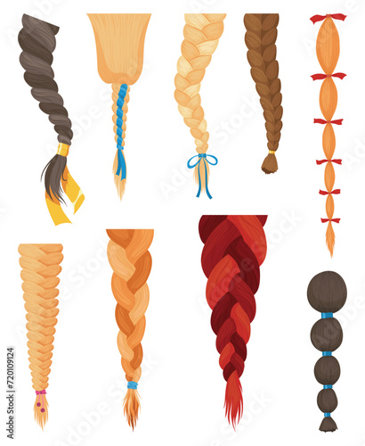 Hair braids. Long female fashion plaits. Vector illustration of human hair in different natural colors. Cartoon art illustration with ribbons isolated on white background