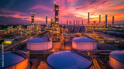 Oil and natural gas refinery with storage tanks  oil production facilities or petrochemical plant infrastructure and oil demand price graph is a wide sign.