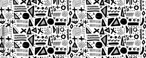 Seamless abstract geometric doodle pattern fashion 80-90s. Wavy and curly lines, dry brush stroke textured shapes. Zig zag, swirls and dots.  For used in printing, website background and fabric design