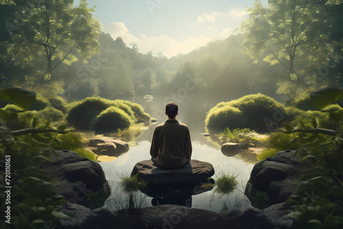 A man practicing mindfulness and meditation in a peaceful natural environment sony A7s realistic image, ultra hd, high design very detailed