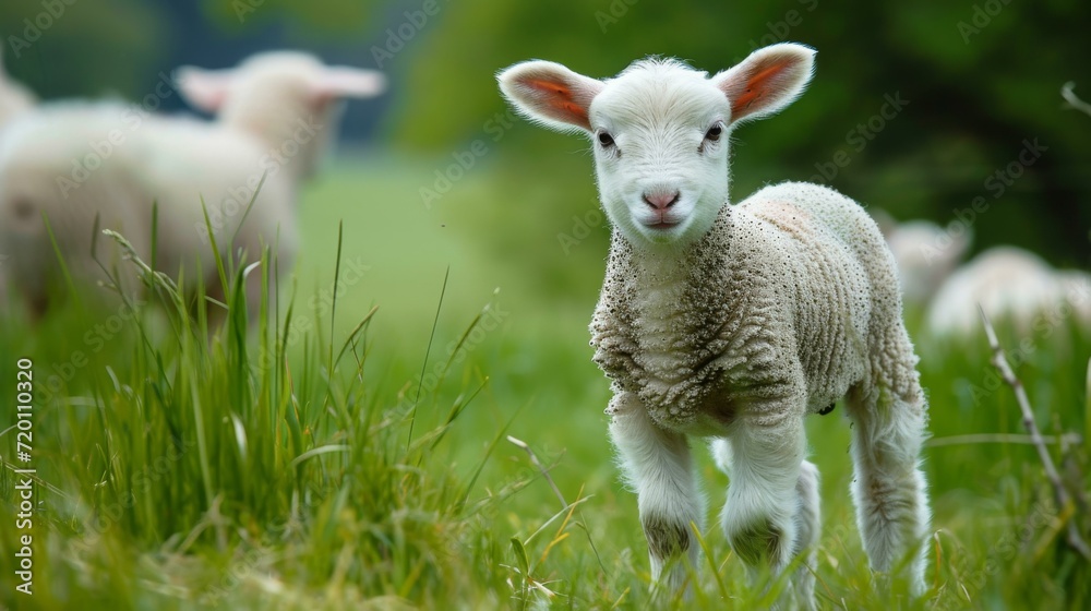 Lamb or sheep grazing on green grass meadow Lamb or sheep grazing on green grass meadow