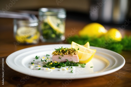 canned tuna with lemon slice and parsley garnish