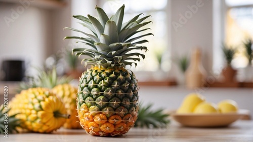 Pineapple on the table against the background of a blurred kitchen