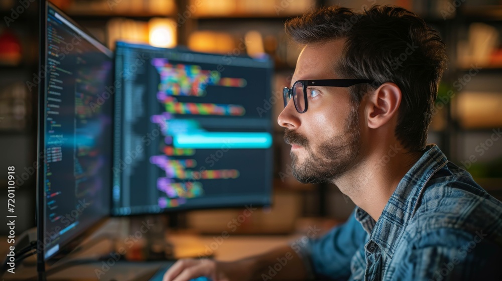 Young male programmer writing program code sitting at the workplace with in the office Young male programmer writing program code sitting at the workplace with in the office