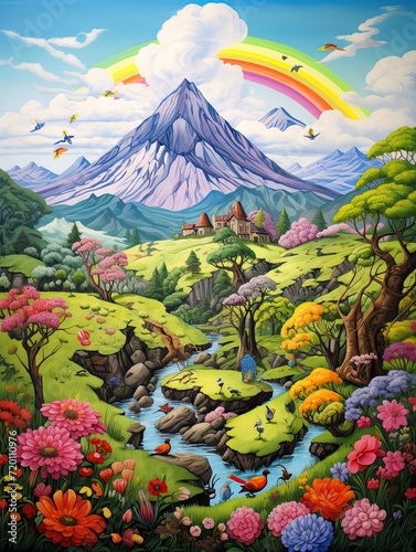Whimsical Nursery Rhyme Highland Fables: A Mountain Landscape Artistique photo