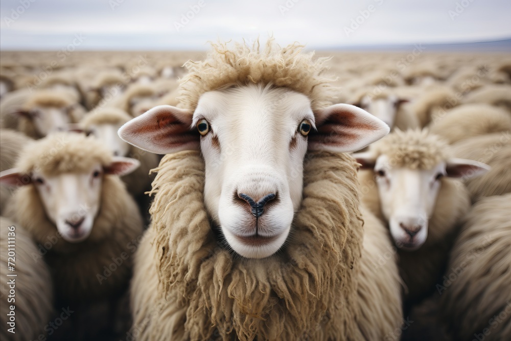 Fototapeta premium Sheep in the field at sunset, close-up view