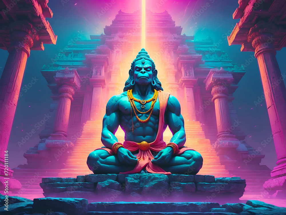 Lord Hanuman Meditating in front of a Temple, Retrowave Synthwave Style, Ai Generative - obrazy, fototapety, plakaty 