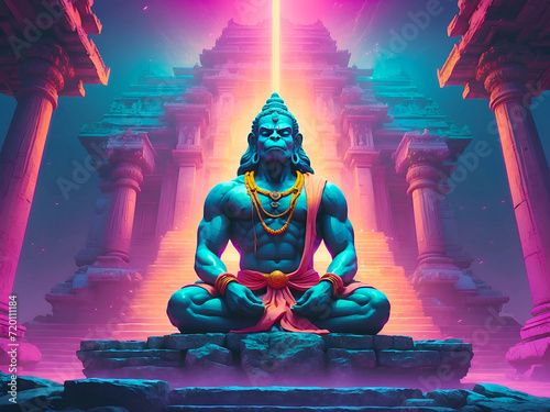 Lord Hanuman Meditating in front of a Temple, Retrowave Synthwave Style, Ai Generative