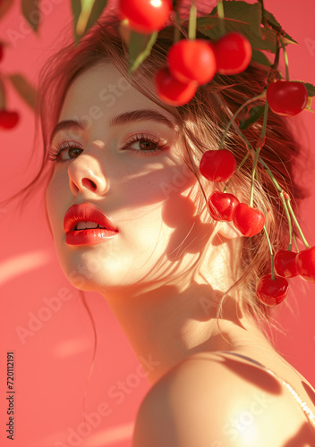 Woman with red lips and cherry blossoms. A striking woman adorned with cherry blossoms, her red lips and rose-tinted lipstick mirroring the delicate beauty of the flower, exuding confidence and femini