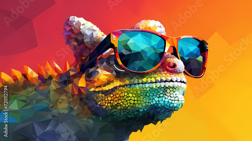 chameleon wearing sunglasses on a solid color background, vector art, digital art, faceted, minimal, abstract, panorama background.