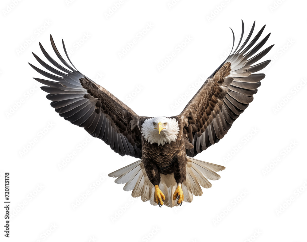 Fototapeta premium Bald eagle flying on white background.