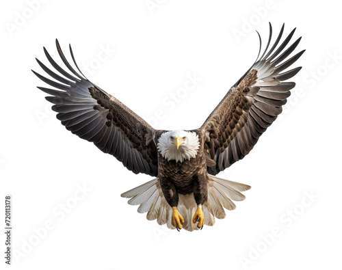 Bald eagle flying on white background.