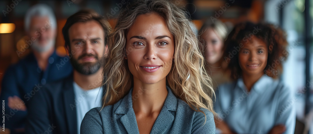 Fototapeta premium A diverse man and woman business team at their company office building, generative ai