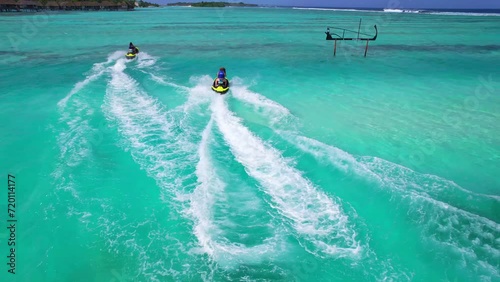 Maldives - Jet Ski - Kanifinolhu Island - Aerial view with the drone of 2 jet skis in the lagoon