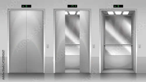 Modern passenger or cargo elevators, lifts with closed, opened and half closed, metallic cabins doors. Elevator door in office building. Floor indicators digits, realistic vector illustration