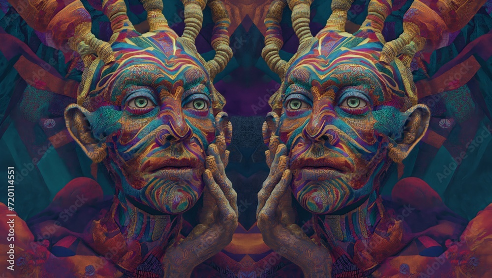 DMT jester Photorealistic portrait, cinematic, psychedelic human vision of geometric creatures. Mama Ayahuasca, psychedelic divine cosmic trippy godly spiritual entity. Expanded Consciousness