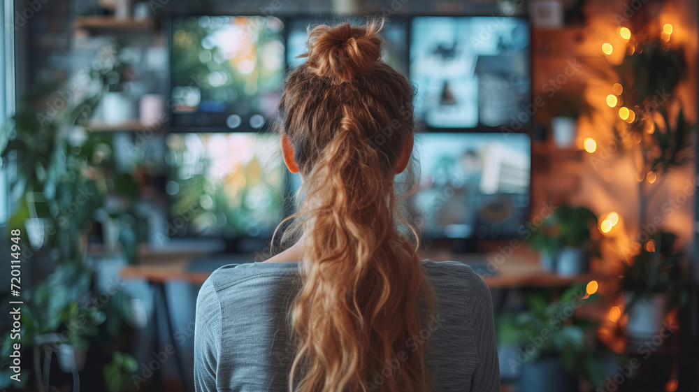 Back view of business woman talking to her colleagues about plan in video conference. generative ai Back view of business woman talking to her colleagues about plan in video conference. generative ai