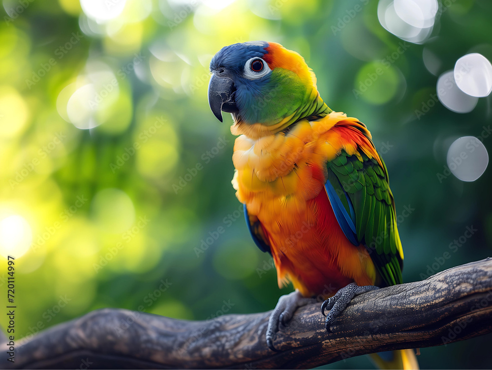 Colorful parrot sitting on a branch with bokeh background