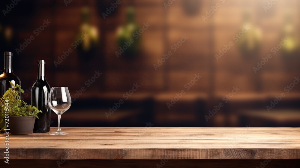 Wine Moment: Oak Table with Bottle and Glasses, Copy Space