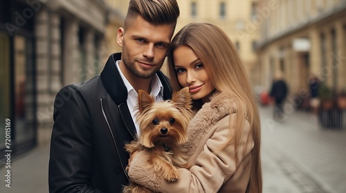 Stylish Couple with Dog: Spring Walk in the City