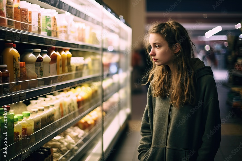 Teenager Facing Hardship: Girl in Supermarket without money