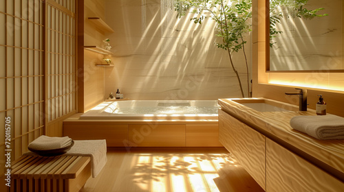 A bathroom with Japanese wooden elements like a hinoki wood bathtub and wooden accents, creating a spa-like atmosphere. photo
